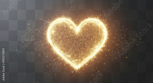 Sparkling golden heart symbol with glowing particles on dark background
