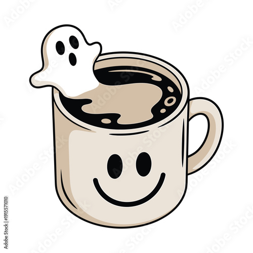 A whimsical illustration of a smiling mug with a ghostly friend