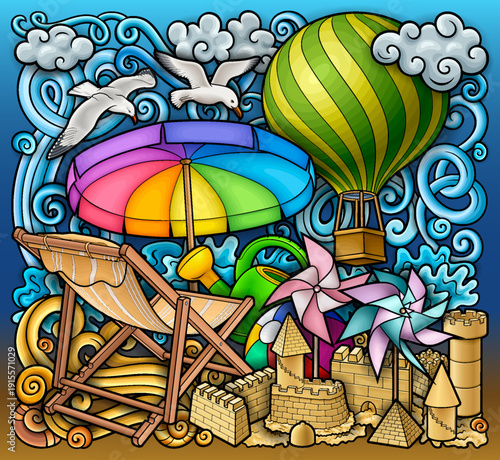 Cartoon cute doodles hand drawn summer beach children's entertainment illustration. Many toys objects vector background. Funny outdoor games artwork.