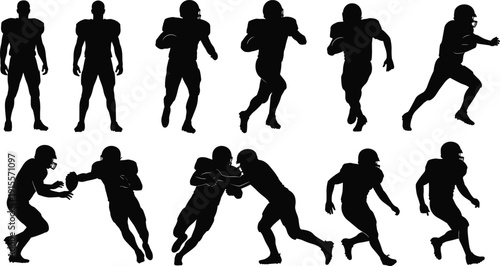 American football player silhouette set showing running tackling and passing action poses in black vector illustration for sports branding design projects marketing posters logos
