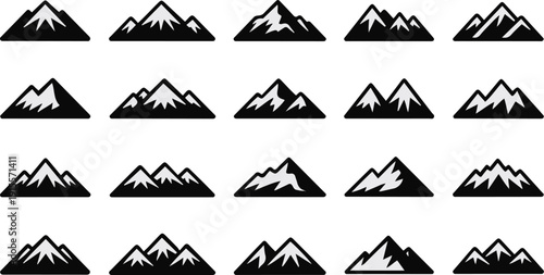 Assortment of mountain range icons with grey snow details