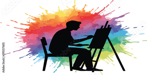 Artist Painting on Canvas Silhouette with Colorful Paint Splash Background Creative Illustration for Art Studio Inspiration and Modern Design