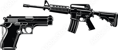 Handgun and assault rifle silhouette set isolated on white background showing modern firearms in black vector illustration for military security law enforcement design use