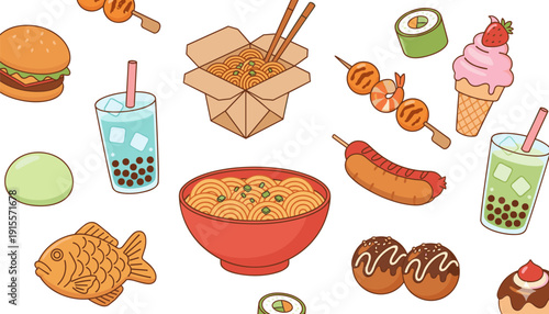 Horizontal set of international street food icons and meals in a playful flat vector style