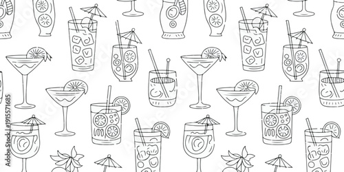 Seamless Pattern Of Hand Drawn Cocktails And Drinks With Garnishes beverage glass