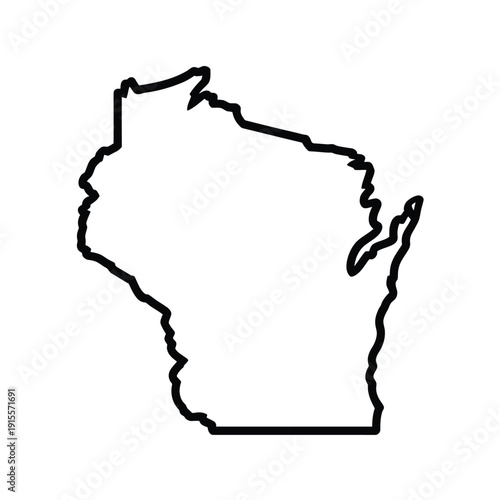 A simple black and white outline depicting the geographical shape of wisconsin