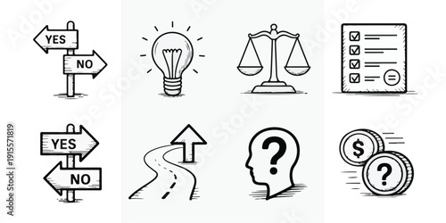 Set Of Hand Drawn Icons Representing Decisions Ideas Justice And Questions choice signpost