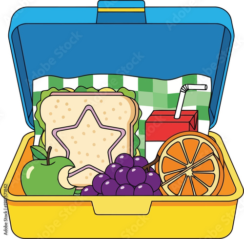 Open blue lunchbox with sandwich grapes apple juice and orange slices