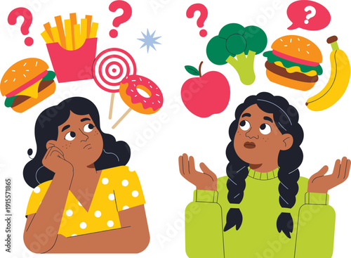 Women choosing between healthy and unhealthy food nutrition lifestyle decision concept flat vector illustration set