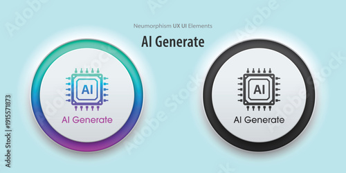Set of generative AI buttons. Active and inactive buttons with AI chipset icon. Press the button to create ideas. Neumorphism design style for apps, websites, and Interfaces. Vector illustration.