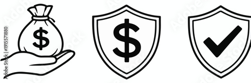 Set of Three Black and White Icons for Finance and Security Keywords: icons, finance, security, money bag, dollar sign, shield