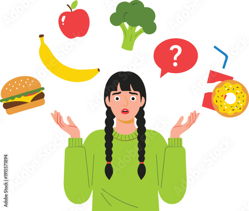 Girl choosing between healthy and junk food nutrition lifestyle decision concept flat vector illustration isolated