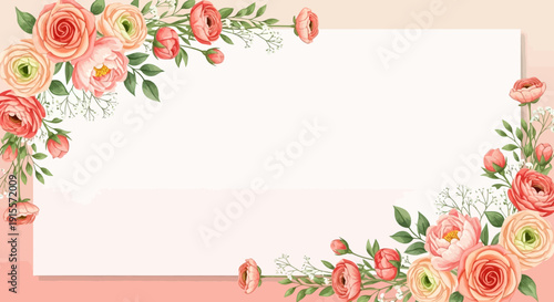 Elegant watercolor style ranunculus floral border design featuring delicate pink and peach blooms framing a central space.