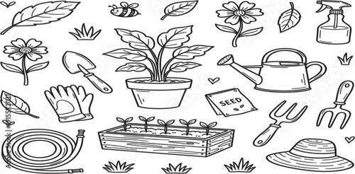 Gardening Doodle Icon Set with Plants Watering Can Tools Seeds and Flowers Hand Drawn Illustration for Garden Care and Nature Design