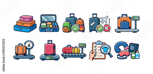 Travel and luggage icon set. Flat travel essentials and journey equipment icons collection