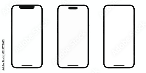 Three Smartphone Mockups With Blank White Screens And Cutouts Keywords: smartphone, phone, mobile, device, screen, display