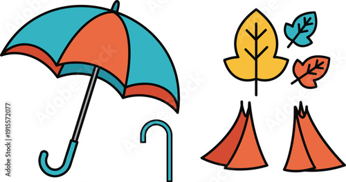 Autumn rainy day elements set, colorful vector icons with open umbrella, falling autumn leaves and camping tent symbols isolated on white background.