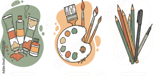 Art Supplies Illustration Set with Paint Tubes Brushes Palette and Colored Pencils for Creative Drawing Painting and Artist Studio Design