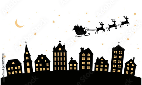 Christmas scene with Santa Claus in his sleigh pulled by reindeer flying over a town at night with a crescent moon and stars in the sky