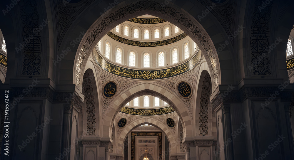 Obraz premium Ornate interior of a majestic mosque, showcasing intricate Islamic architecture, grand arches, and illuminated domes, evoking a serene spiritual atmosphere and historical beauty