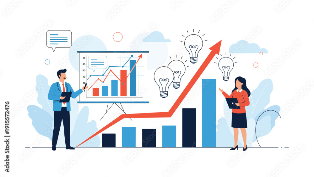 Obraz premium Two professional business people analyzing a rising bar chart and generating innovative light bulb ideas for success.