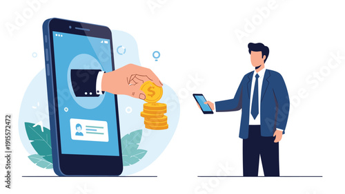 Hand emerging from a large smartphone screen handing over a stack of gold coins to a businessman in a blue suit.