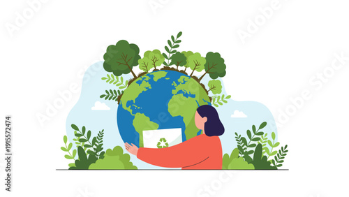 Woman hugging a green planet earth covered in trees and vegetation to symbolize environmental care and protection.