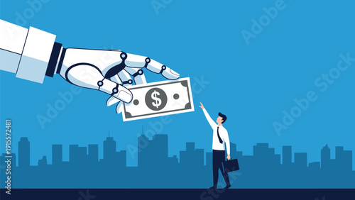 Giant robotic hand offering a dollar bill to a small businessman in a city representing automation and fintech.