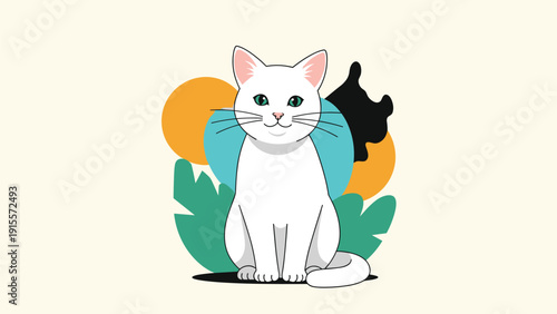 Illustration of a cute white cat with bright green eyes sitting calmly in front of abstract colorful shapes and leaves.
