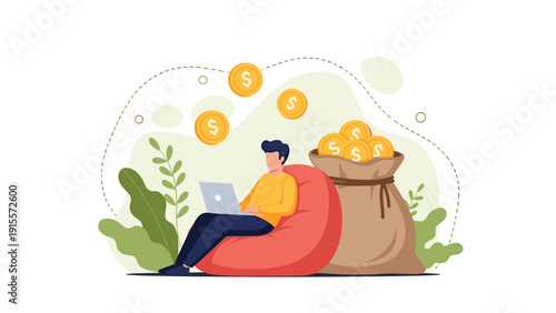 Businessman sitting comfortably in a beanbag chair using a laptop next to a large sack filled with gold coins.
