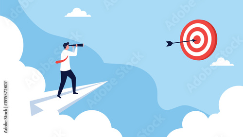 Determined businessman flying on a paper airplane while looking through a telescope towards a red target representing vision and goal oriented strategy.