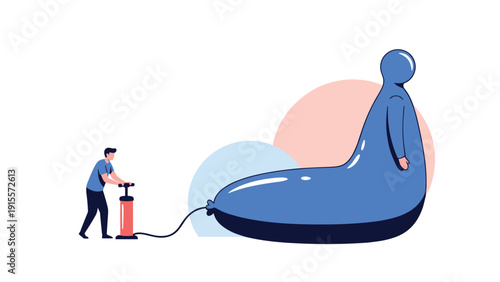 Man using a manual hand pump to inflate a giant blue humanoid balloon figure symbolizing personal growth, expansion, and building a public persona.
