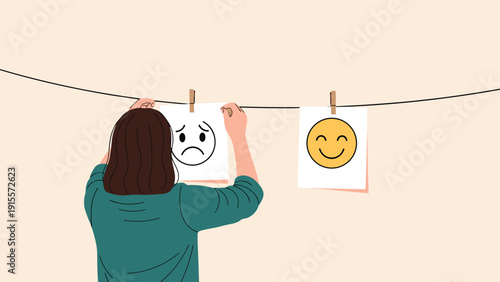 Woman hanging up simple drawings of sad and happy faces on a clothesline reflecting on different emotional states and mental health management.