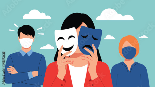Woman holding up theatrical happy and sad masks while people in the background wear medical masks symbolizing hidden emotions during the global pandemic.