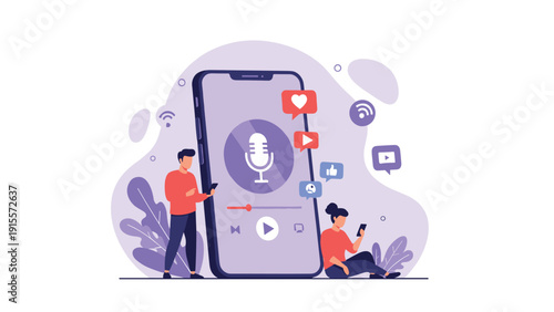 Young man and woman using their mobile devices while standing next to a large smartphone screen displaying a podcast player and social media icons.