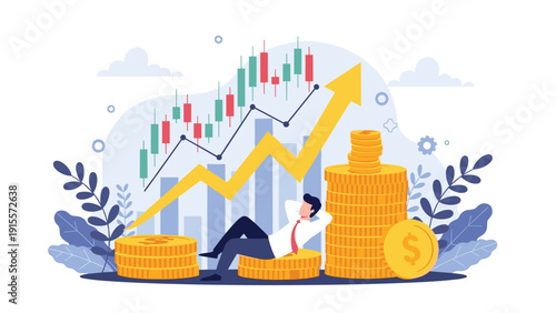 Successful businessman relaxing on stacks of golden coins while watching a rising stock market chart with colorful candlesticks and a growth arrow.