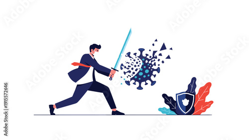Brave businessman wearing a mask and fighting a giant virus particle with a sword and shield representing resilience against health and economic crises.