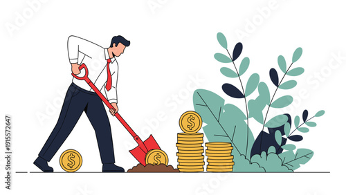 Diligent businessman using a shovel to dig up golden dollar coins from the soil representing hard work and discovering financial opportunities.