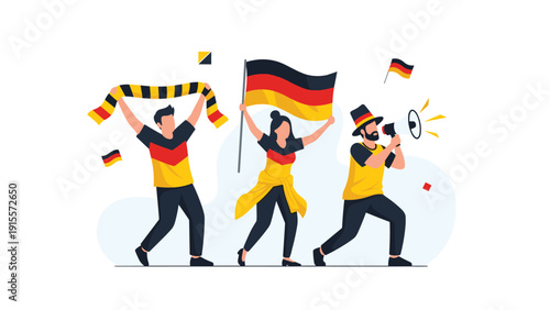 Enthusiastic German sports fans celebrating victory with national flags, a megaphone, and a scarf while wearing team colors in national jerseys.