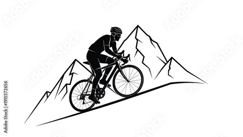 Black silhouette of a determined cyclist riding a road bike up a steep mountain slope against a minimal white background representing challenge.