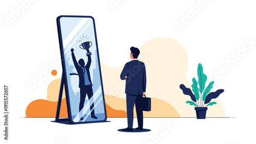 Ambitious businessman looking into a mirror and seeing a reflection of himself triumphantly holding a trophy representing visualization of success and goals.