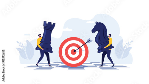 Two professional people carrying giant chess pieces across a chessboard towards a target representing strategic planning, competition, and goal achievement.