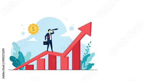Visionary businessman standing on a rising bar chart and looking through a telescope at a golden gear with a dollar sign representing future economic goals.