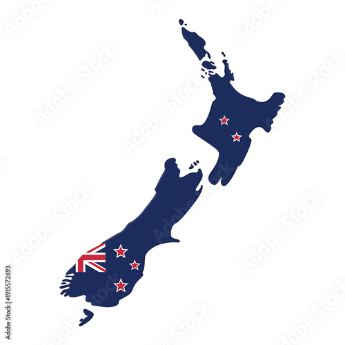 A map of new zealand filled with its national flag and southern cross stars