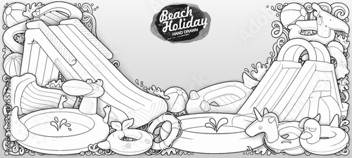 Cartoon cute doodles hand drawn summer beach children's entertainment illustration. Many toys objects vector background. Funny outdoor games artwork.