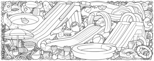 Cartoon cute doodles hand drawn summer beach children's entertainment illustration. Many toys objects vector background. Funny outdoor games artwork.