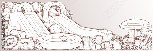 Cartoon cute doodles hand drawn summer beach children's entertainment illustration. Many toys objects vector background. Funny outdoor games artwork.