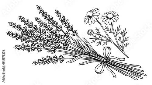 Lavender bouquet with chamomile flowers tied with ribbon vector engraving style isolated on white background for herbal tea branding natural packaging label and botanical decor