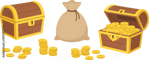Horizontal set of treasure chest icons and money sacks in clean minimalist flat vector style,