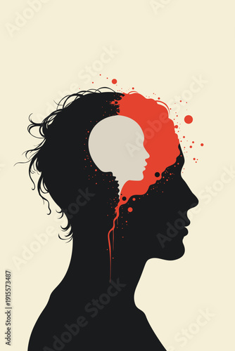 Profile silhouette of head containing inner child face with  paint splatter flowing out, symbolizing trauma, inner voice, childhood memories therapy